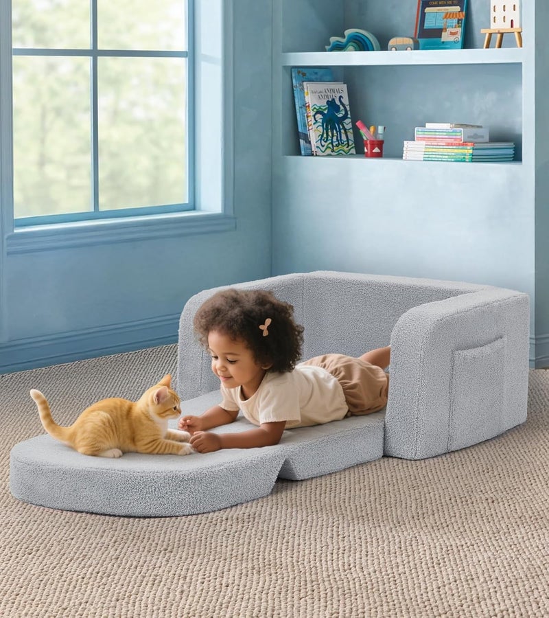 Foryoomi Kids Couch, 2-in-1 Soft Toddler Couch Fold Out with Blanket, Comfy Toddler Chair, Convertible Sofa, Gifts for Kids Girl Boys, Medium Blue Rainbow - Image 2